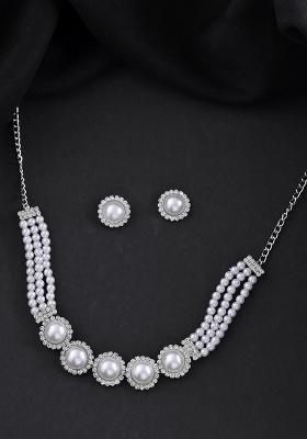 Silver Plated White Pearl And Cz Stone Choker Set