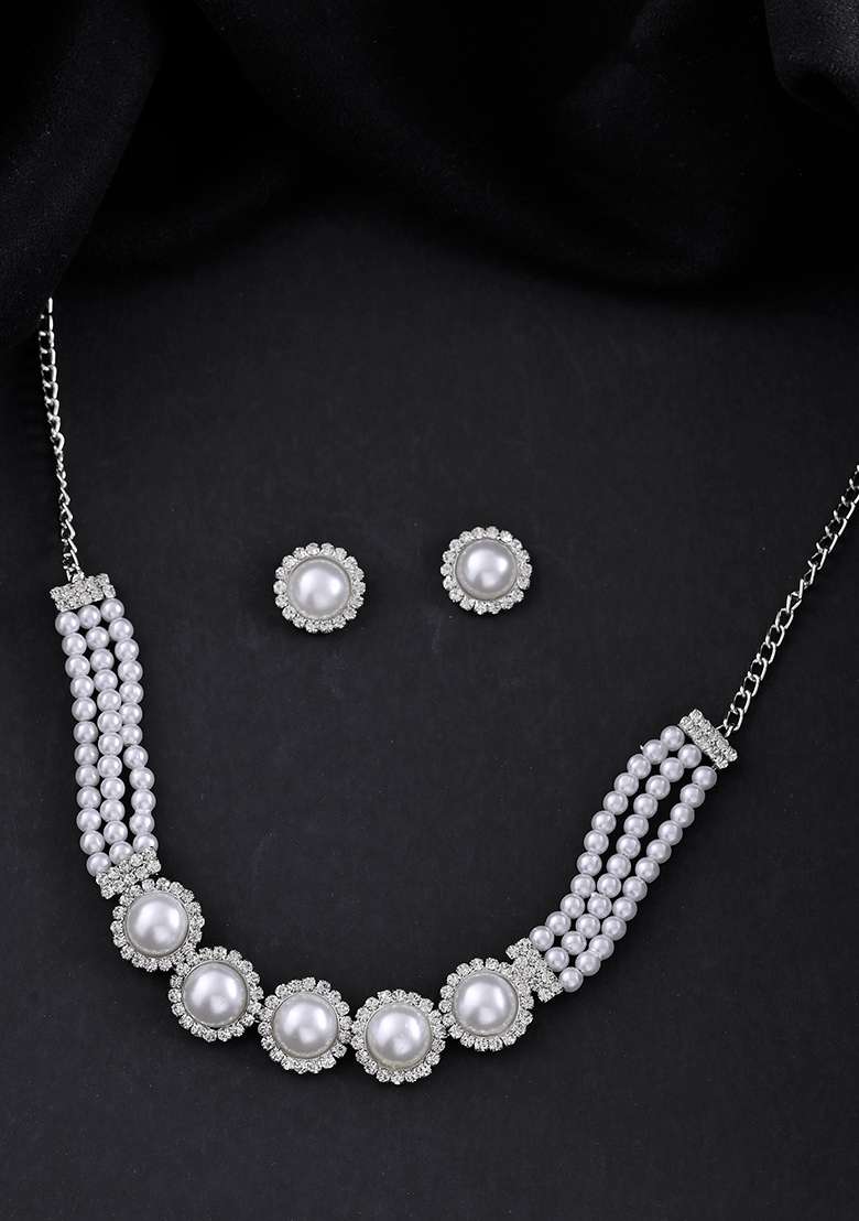 Silver Plated White Pearl And Cz Stone Choker Set - Indya