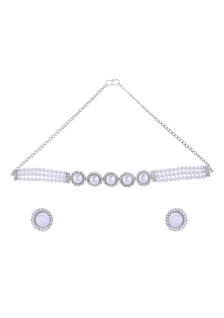 Silver Plated White Pearl And Cz Stone Choker Set