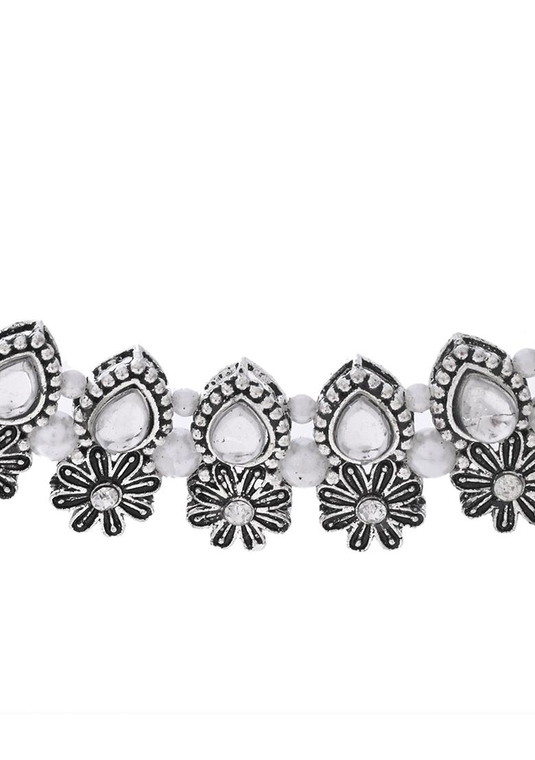 Oxidized Floral Designed Stone Studded Necklace Set