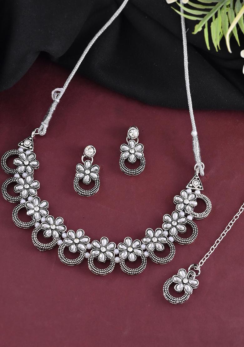 Oxidized Floral Stone Studded Necklace With Earrings Set
