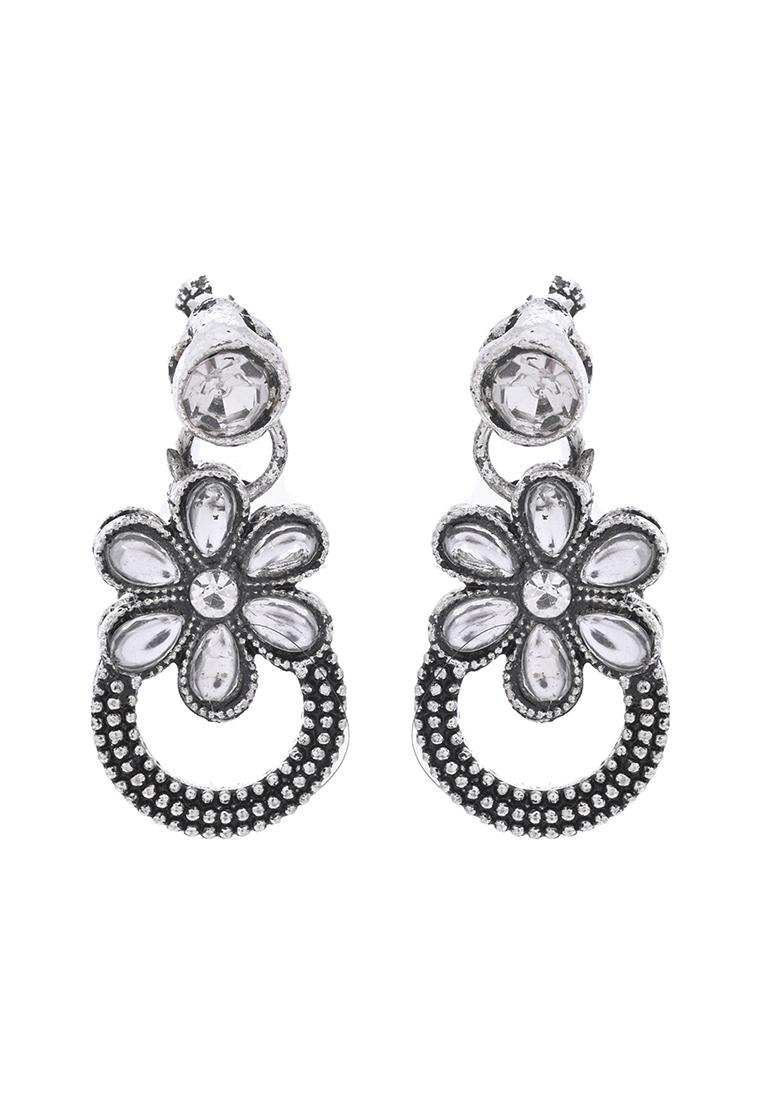 Oxidized Floral Stone Studded Necklace With Earrings Set