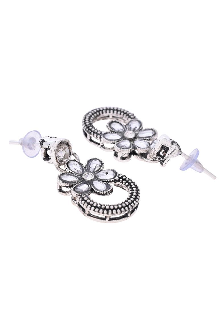 Oxidized Floral Stone Studded Necklace With Earrings Set