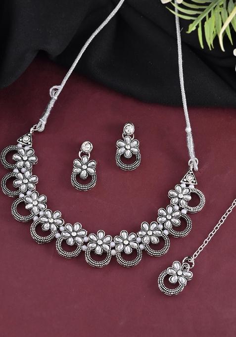 Oxidized Floral Stone Studded Necklace With Earrings Set