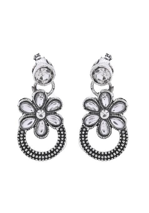 Oxidized Floral Stone Studded Necklace With Earrings Set