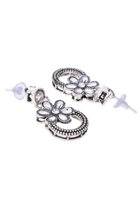 Oxidized Floral Stone Studded Necklace With Earrings Set