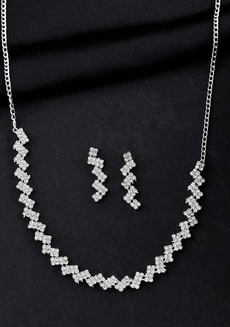 Silver Plated Stones Studded Minimal Designed Jewellery Set - Indya