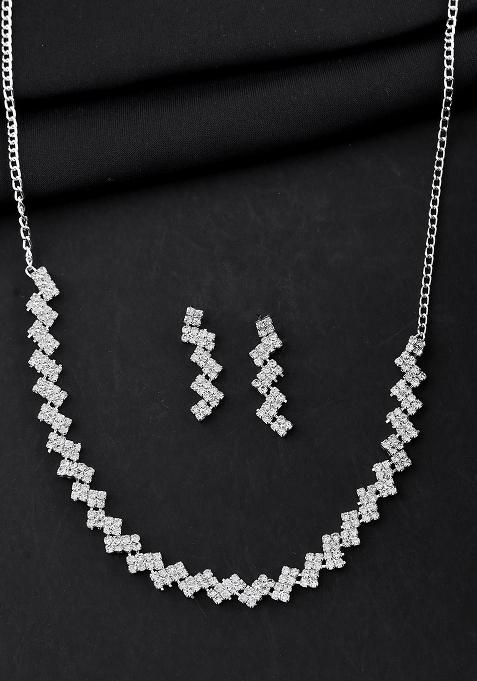 Silver Plated Stones Studded Minimal Designed Jewellery Set