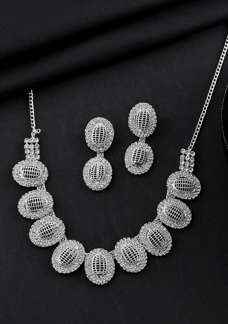 Silver Plated Stones Studded Oval Shaped Jewellery Set