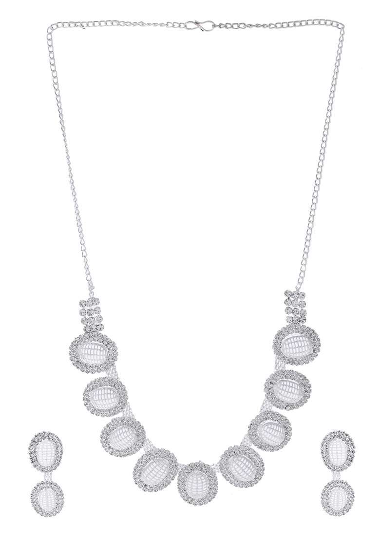 Silver Plated Stones Studded Oval Shaped Jewellery Set - Indya