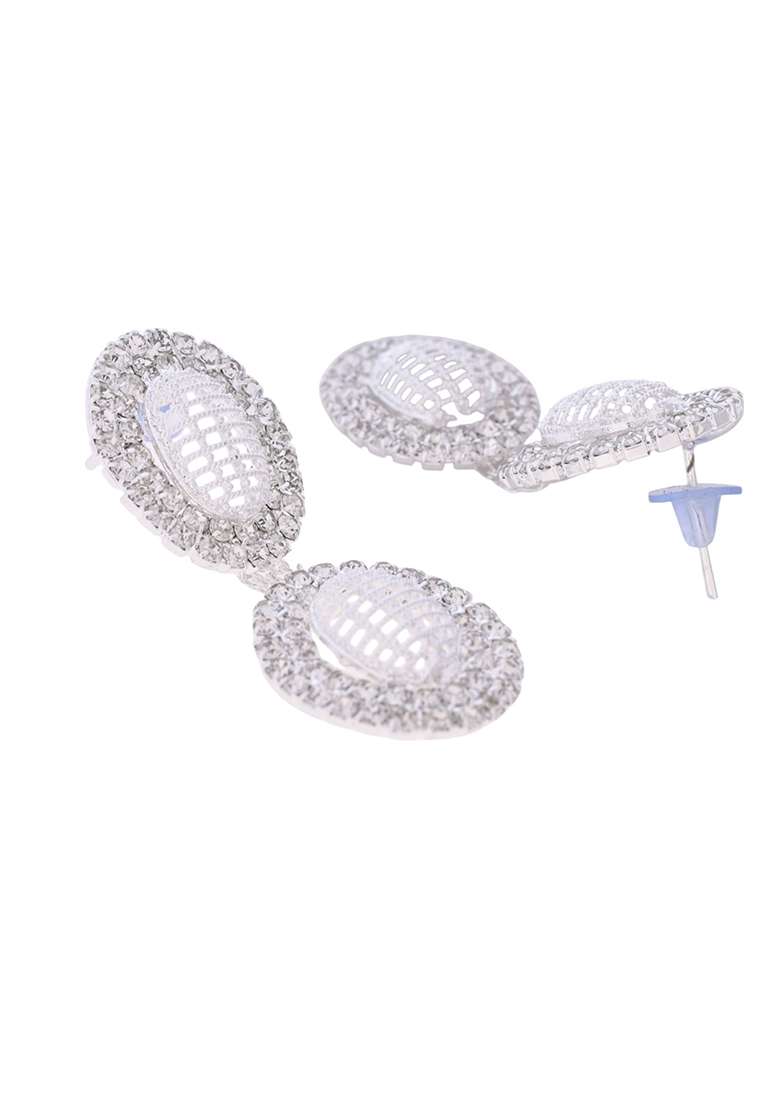 Silver Plated Stones Studded Oval Shaped Jewellery Set - Indya