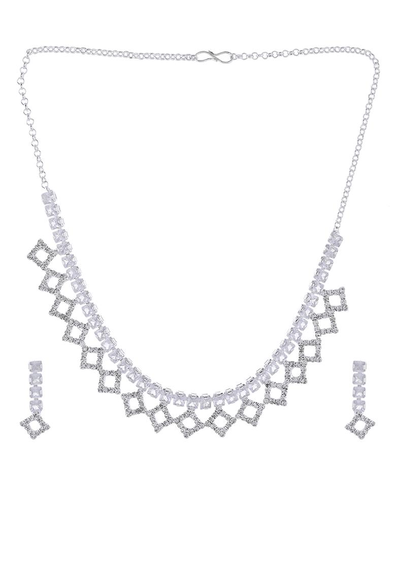 Silver Plated Stones Studded Geomatrical Jewellery Set