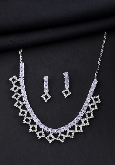 Silver Plated Stones Studded Geomatrical Jewellery Set