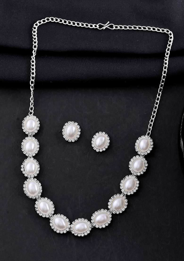 Silver Plated Pearl And Stones Studded Oval Shaped Jewellery Set - Indya