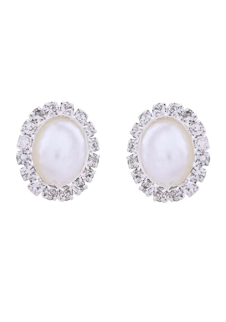 Silver Plated Pearl And Stones Studded Oval Shaped Jewellery Set - Indya
