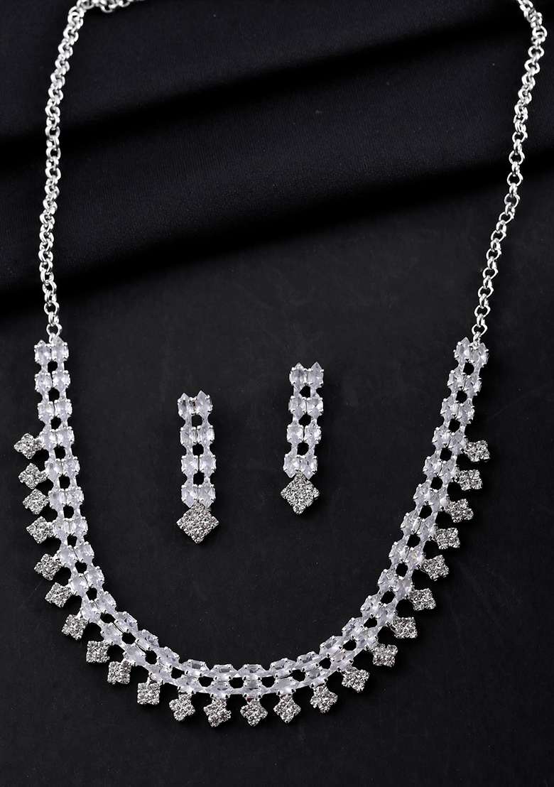 Silver Plated Cz Stones Studded Necklace Set - Indya