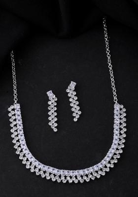 Silver Plated Cz And Artifical Stones Studded Necklace Set