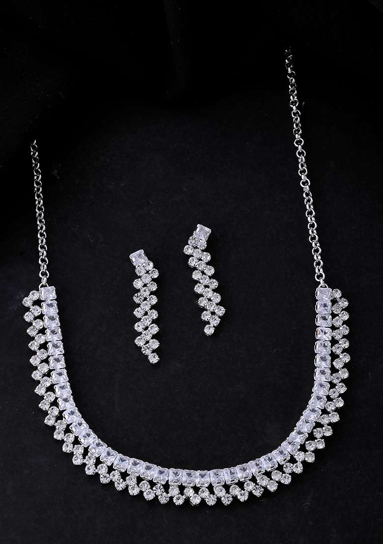 Silver Plated Cz And Artifical Stones Studded Necklace Set - Indya