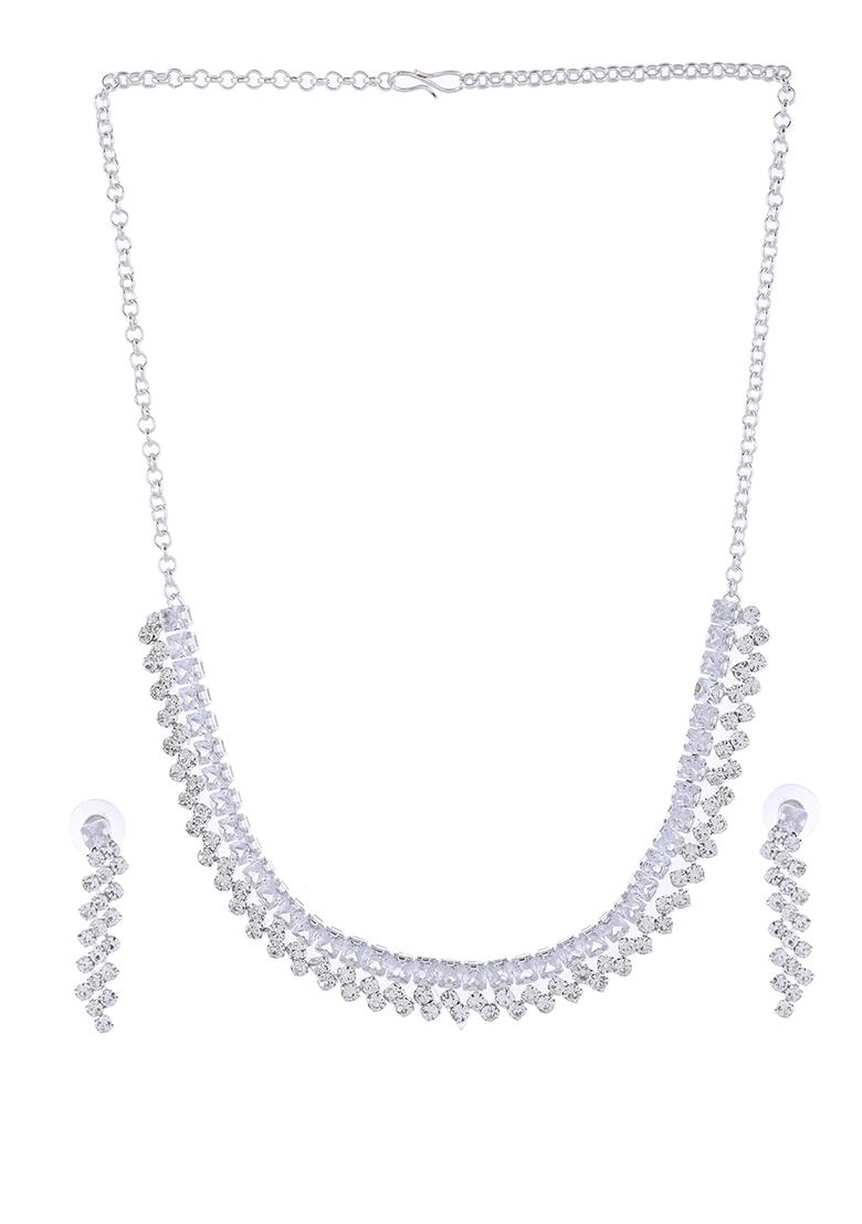 Silver Plated Cz And Artifical Stones Studded Necklace Set