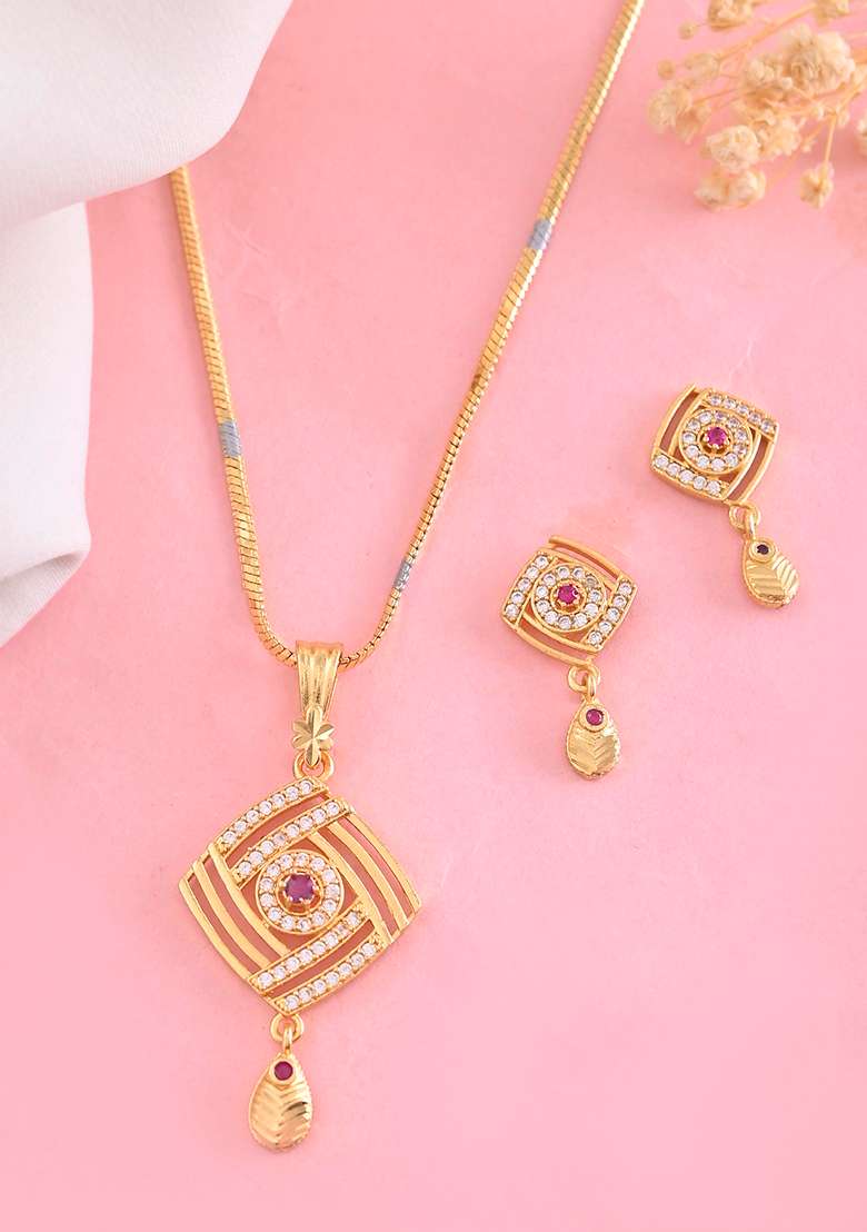 Gold Plated Square Shaped Ad Stone Studded Chain Set - Indya