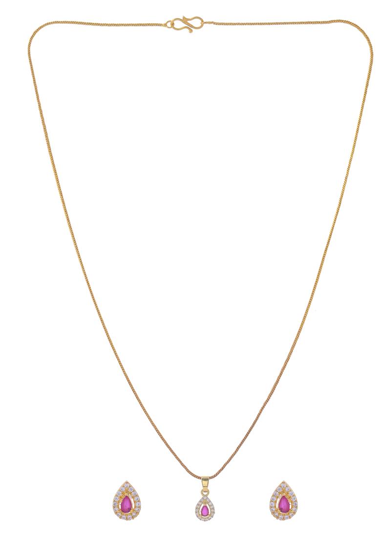 Gold Plated Tear Drop Shaped Ruby Red Stone Studded Chain Set