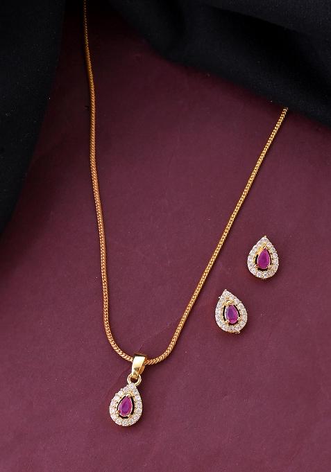 Gold Plated Tear Drop Shaped Ruby Red Stone Studded Chain Set