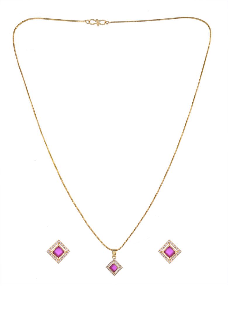 Gold Plated Square Shaped Ruby Red Stone Studded Chain Set