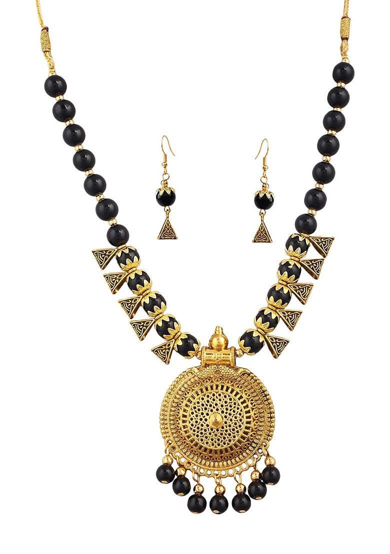Black Pearl Beaded Gold Plated Necklace Set