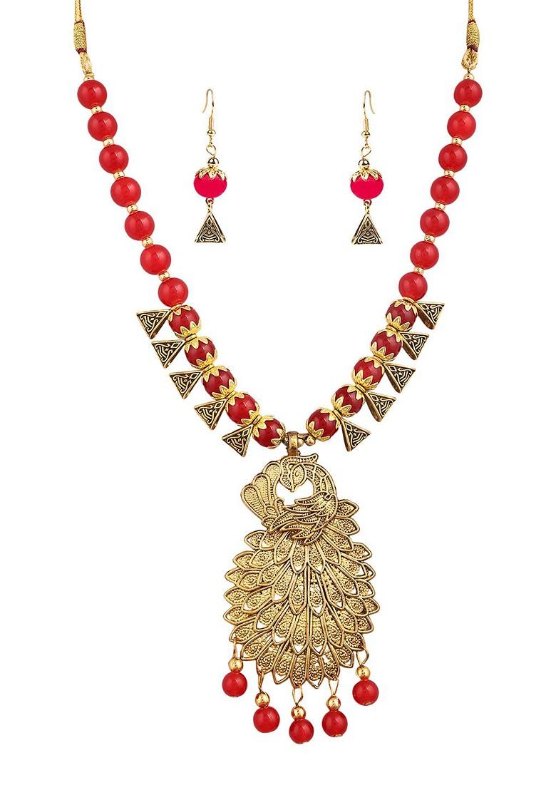 Red Beaded Gold Plated Necklace Set