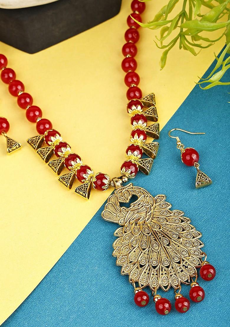 Red Beaded Gold Plated Necklace Set