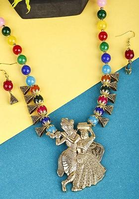 Gold Beaded Oxidised Necklace Set