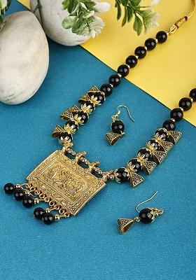 Black Beaded Gold Plated Necklace Set