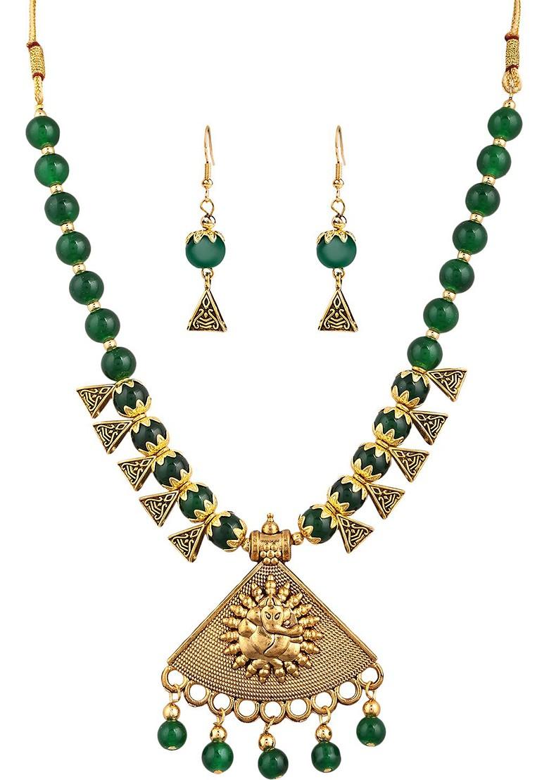 Green Beaded Gold Plated Necklace Set