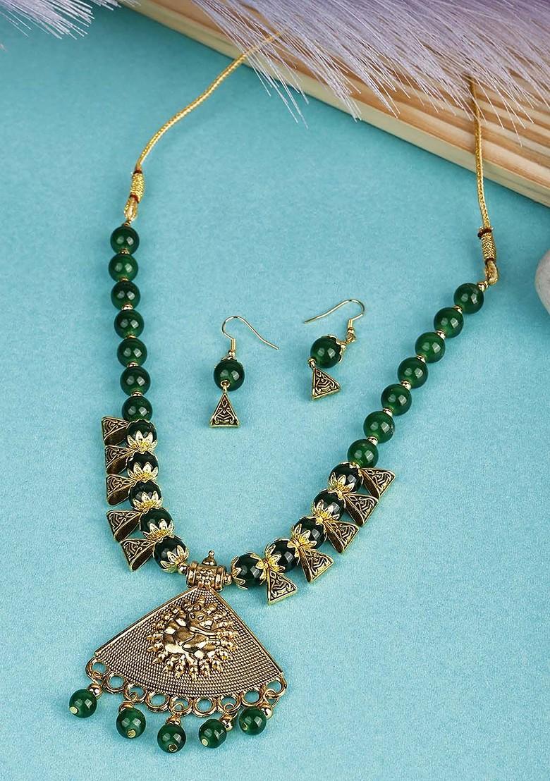 Green Beaded Gold Plated Necklace Set