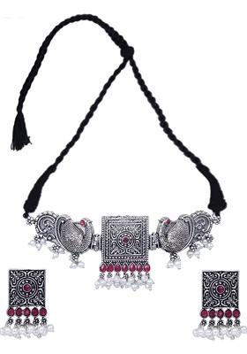 Silver Beaded Oxidised Necklace Set