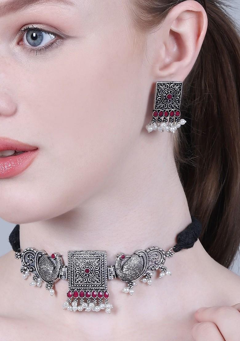 Silver Beaded Oxidised Necklace Set