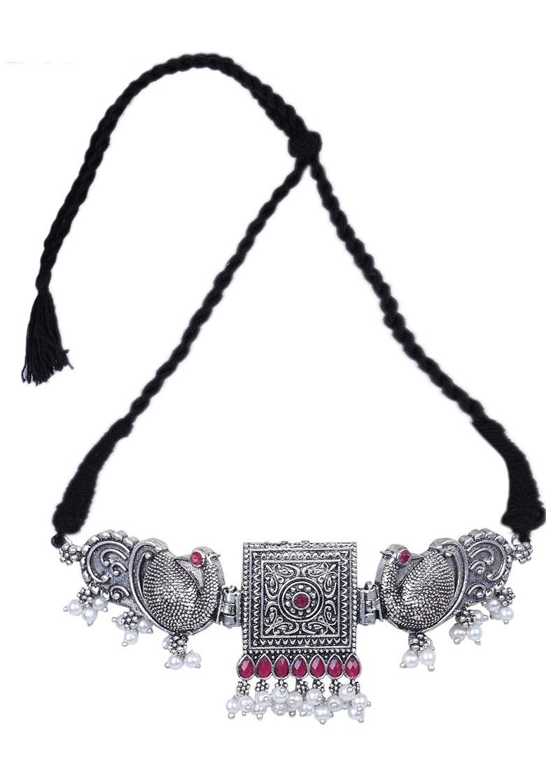 Silver Beaded Oxidised Necklace Set