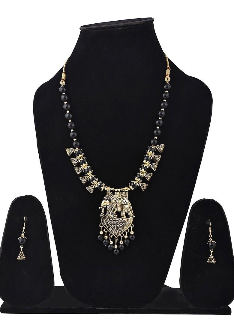 Black Beaded Gold Plated Necklace Set