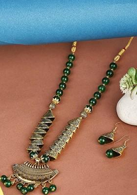 Green Pearl Beaded Gold Plated Necklace Set