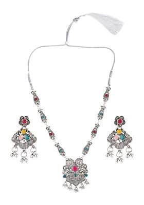 Silver Stone Studded Gold Plated Necklace Set