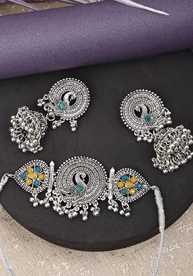 Silver Stone Studded Gold Plated Necklace Set