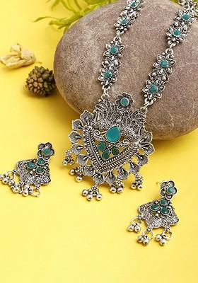 Green Stone Studded Oxidised Necklace Set