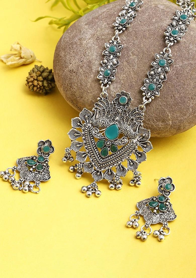 Green Stone Studded Oxidised Necklace Set