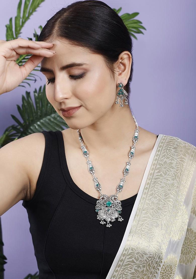 Green Stone Studded Oxidised Necklace Set