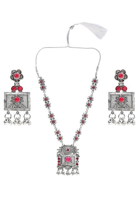 Silver Stone Studded Gold Plated Necklace Set