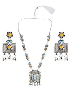 Yellow Beaded Silver Plated Necklace Set