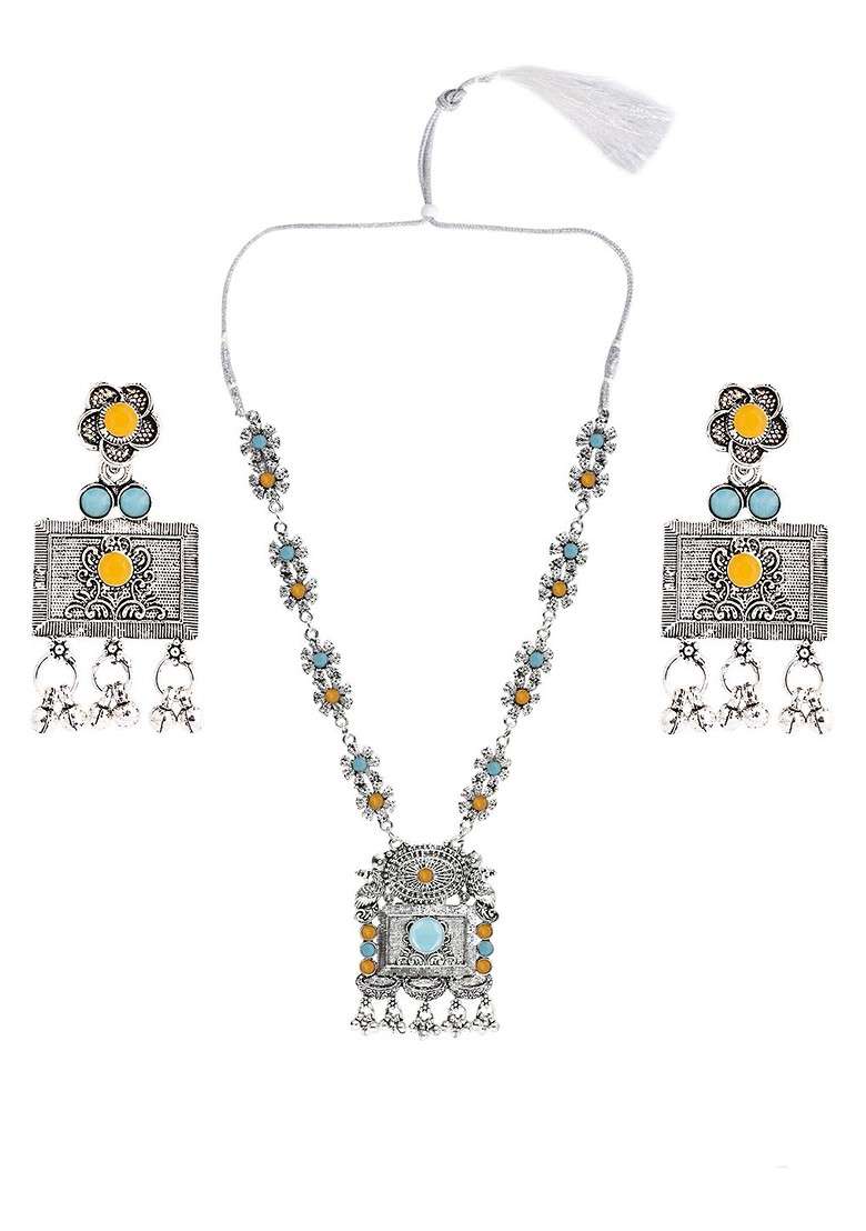 Yellow Beaded Silver Plated Necklace Set - Indya