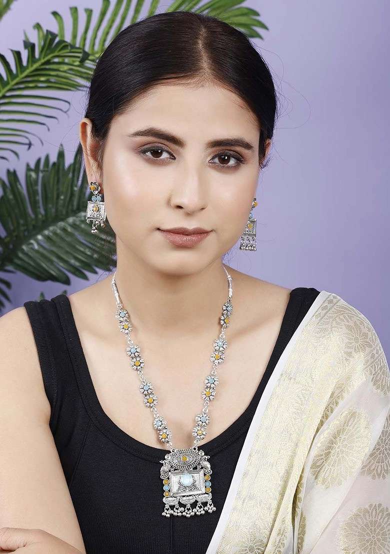 Yellow Beaded Silver Plated Necklace Set - Indya