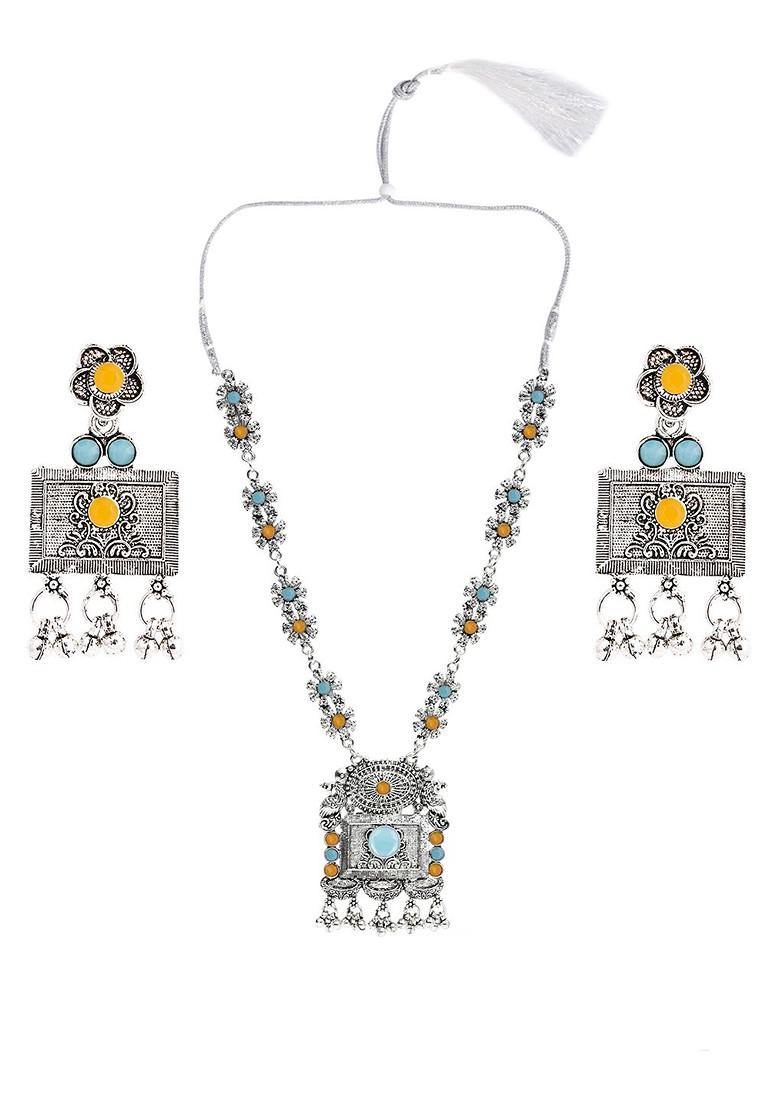 Yellow Beaded Silver Plated Necklace Set