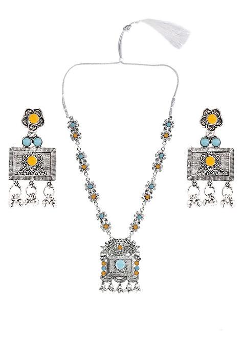 Yellow Beaded Silver Plated Necklace Set
